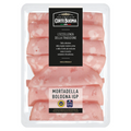 Pack of sliced mortadella bologna in a clear plastic tray with label