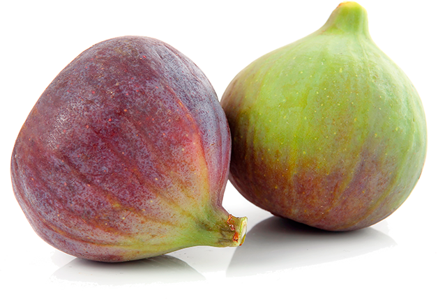 Fresh figs, two whole purple-and-green fruits