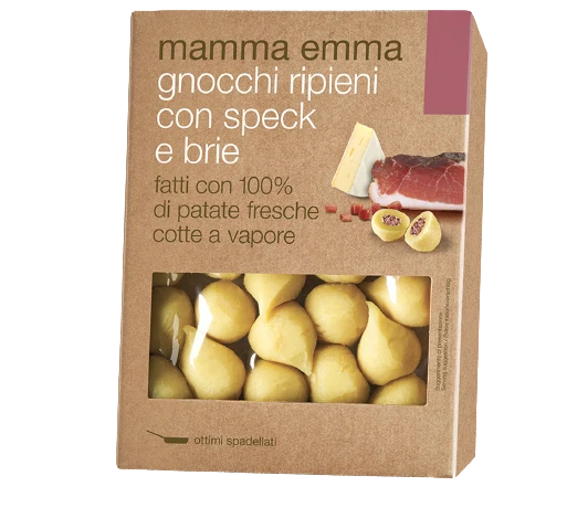 Mamma Emma fresh speck and brie filled gnocchi package with tray window