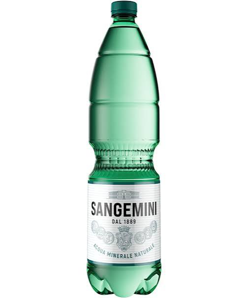 Sangemini natural mineral water bottle, green glass, white label, green cap