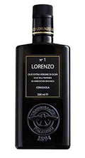 Black glass olive oil bottle with gold label, N1 Lorenzo EVO, 500 ml
