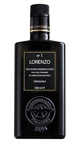Black glass olive oil bottle with gold label, N1 Lorenzo EVO, 500 ml