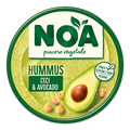 Noa hummus & avocado dip tub with green label and avocado graphic