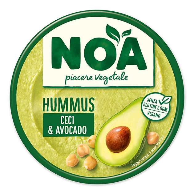 Noa hummus & avocado dip tub with green label and avocado graphic