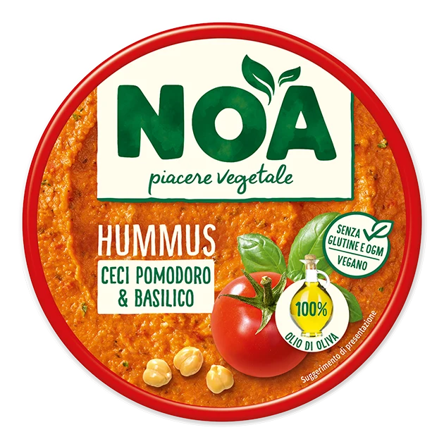 Noa vegetable hummus tub with chickpeas, tomato, basil, 175 g, red rim lid