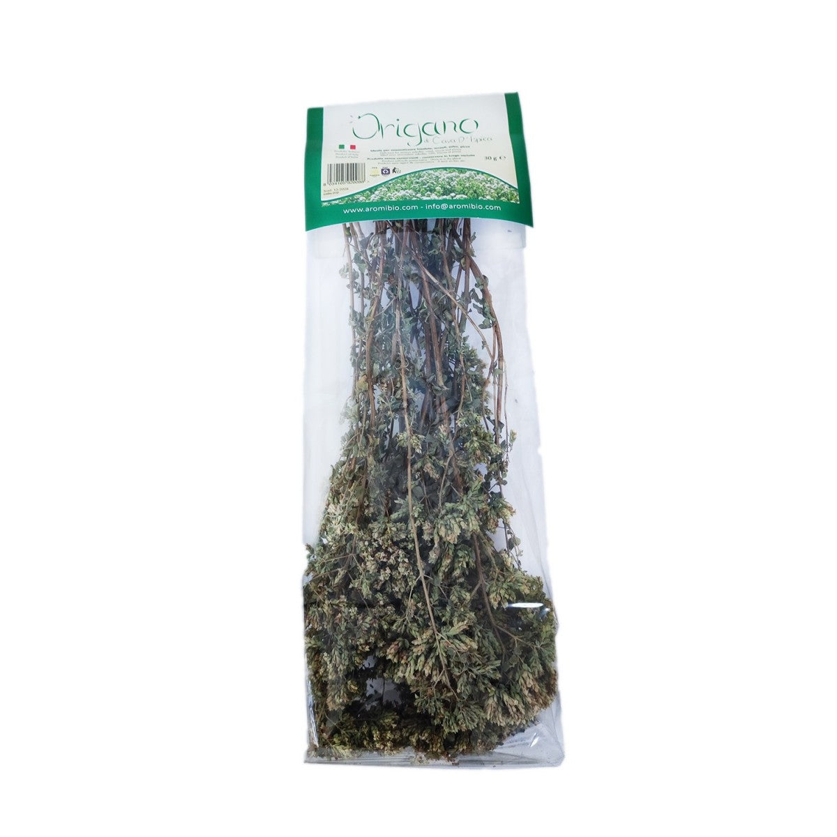 Sicilian oregano dried herb in clear plastic bag with green label, 50 g