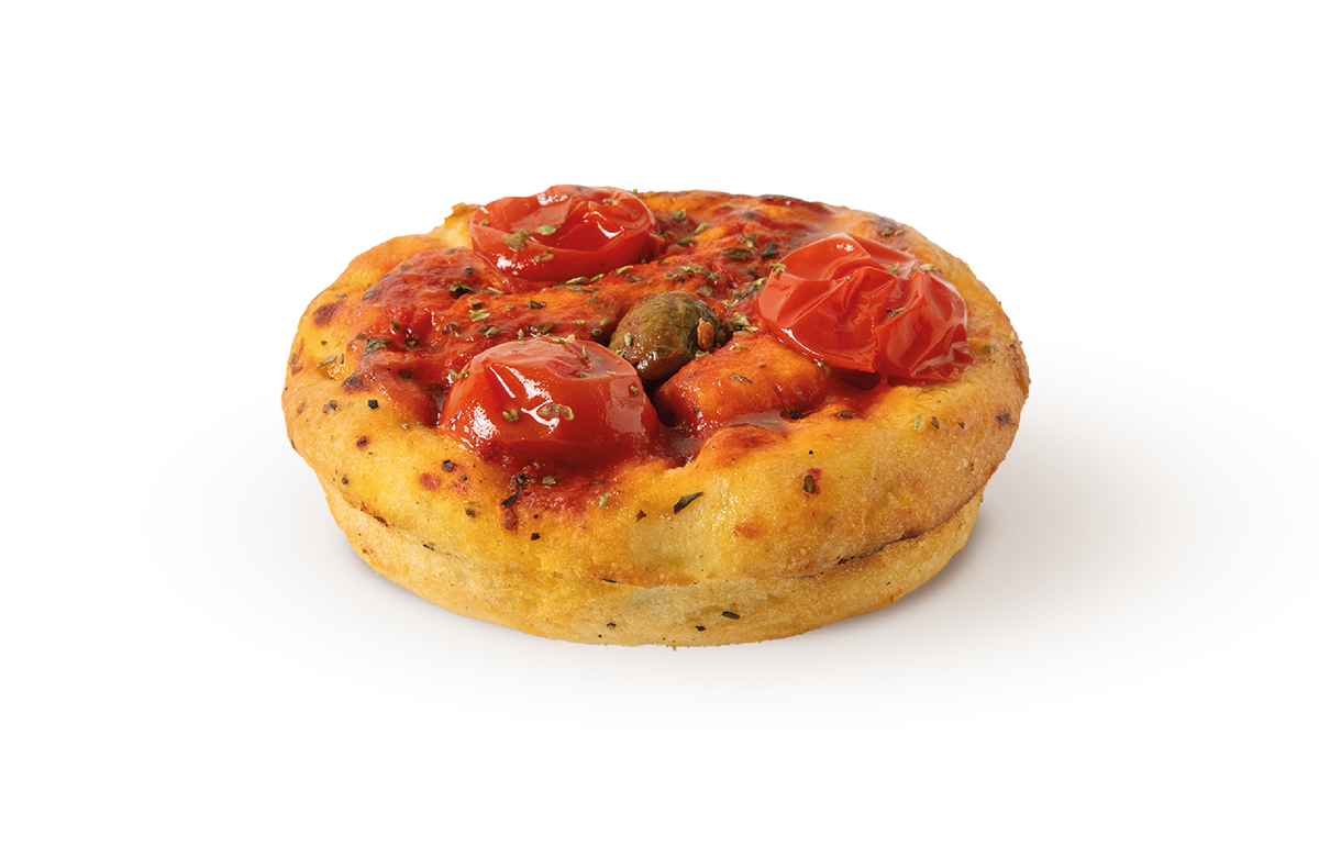 Baresi-style pizza with mozzarella, tomato sauce, and cherry tomato slices