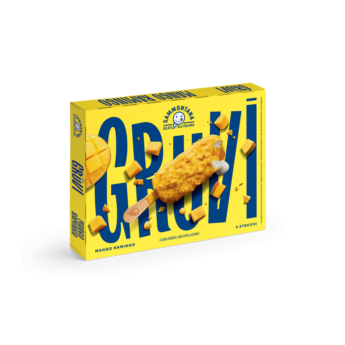 Mango croccantino snack box with yellow packaging and crunchy biscuit pieces