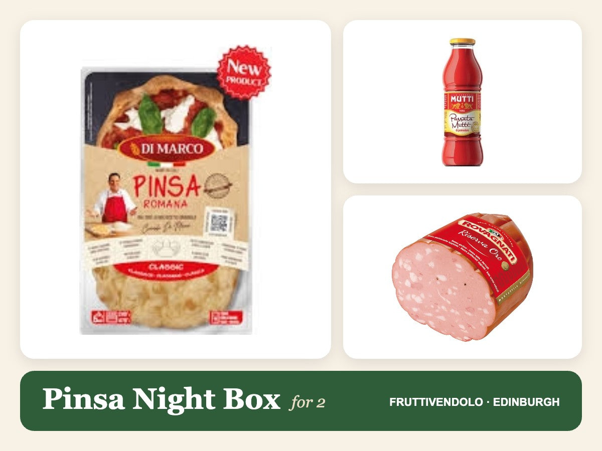 Pinsa Night Box for 2 with Di Marco Pinsa pack, sliced Pinsa, and Mutti bottle