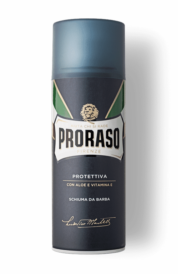 Proraso protective shaving foam can with green and white label, 400 ml