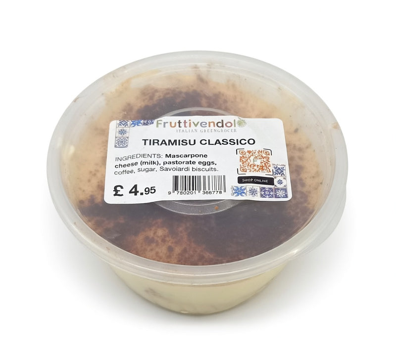 Fresh tiramisu dessert cup with cocoa dusting in clear plastic container