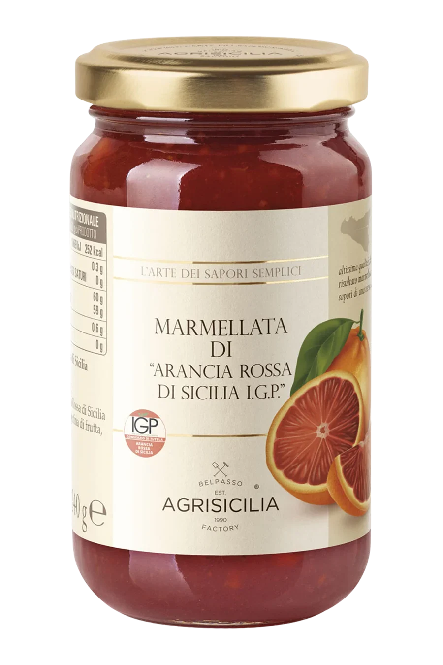 Agrisicilia red orange marmalade jar, glass with gold lid and label