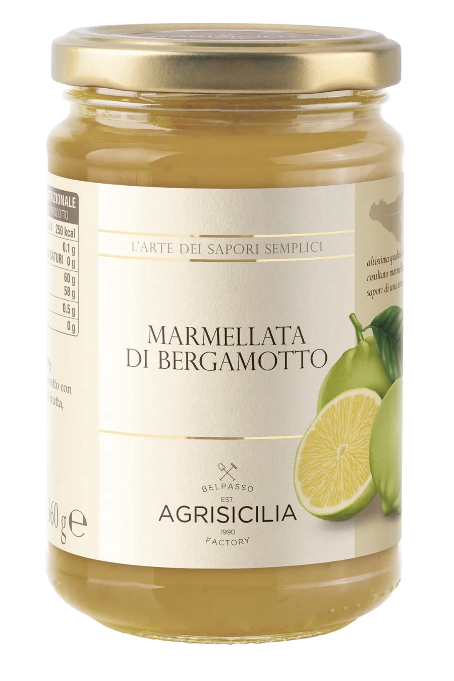 Bergamot marmalade in glass jar with gold lid and cream label